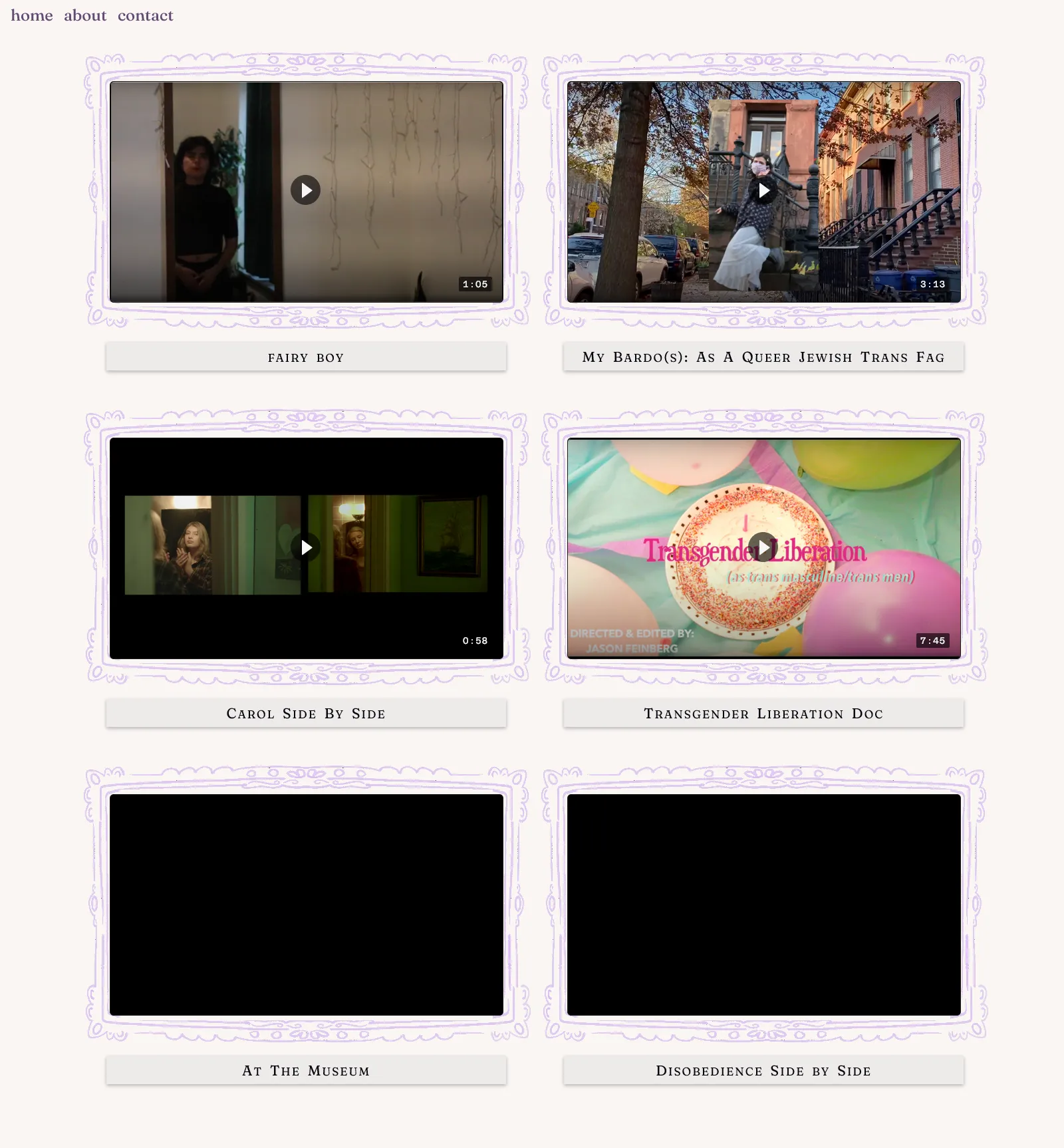 A minimalistic website in lavender and egg-white colors with framed interactive videos.